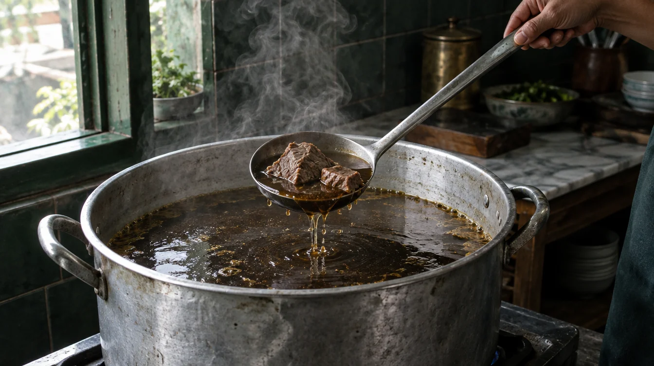 Sendok sayur mengangkat dua potong daging dari panci aluminium besar berisi kuah gelap, uap tipis naik di depan jendela dapur