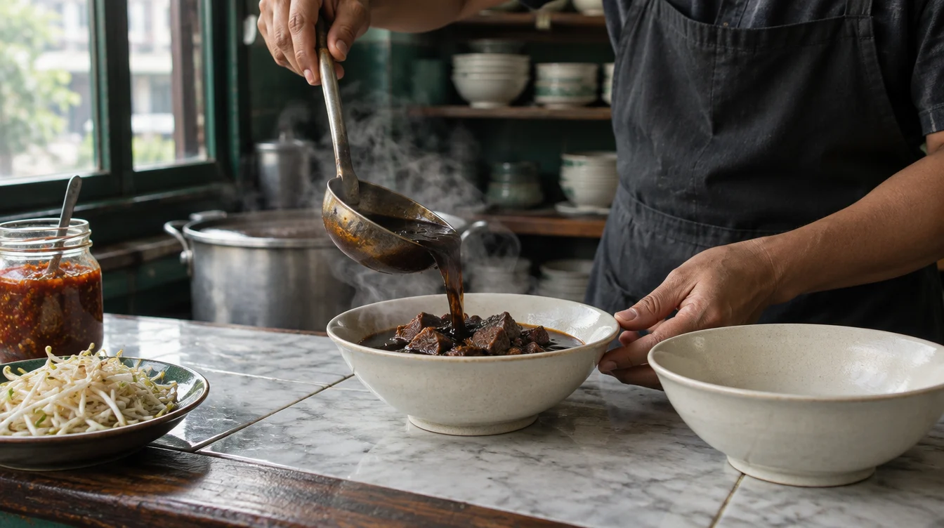 Tangan juru masak menuang kuah rawon hitam dari sendok sayur ke mangkuk putih di meja warung