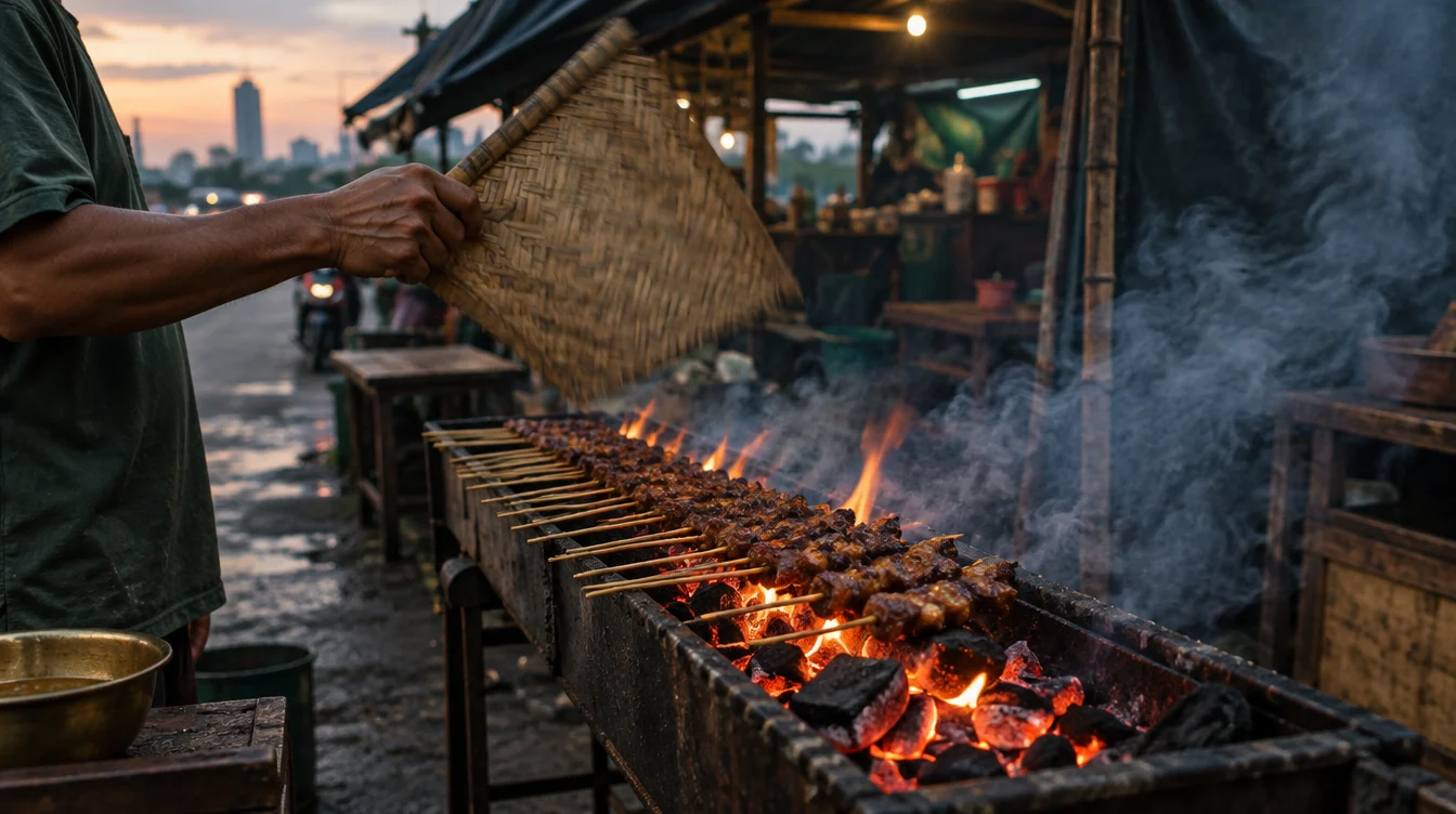 Lengan mengipasi puluhan tusuk sate kambing di atas bara arang saat senja, asap melayang ke kanan