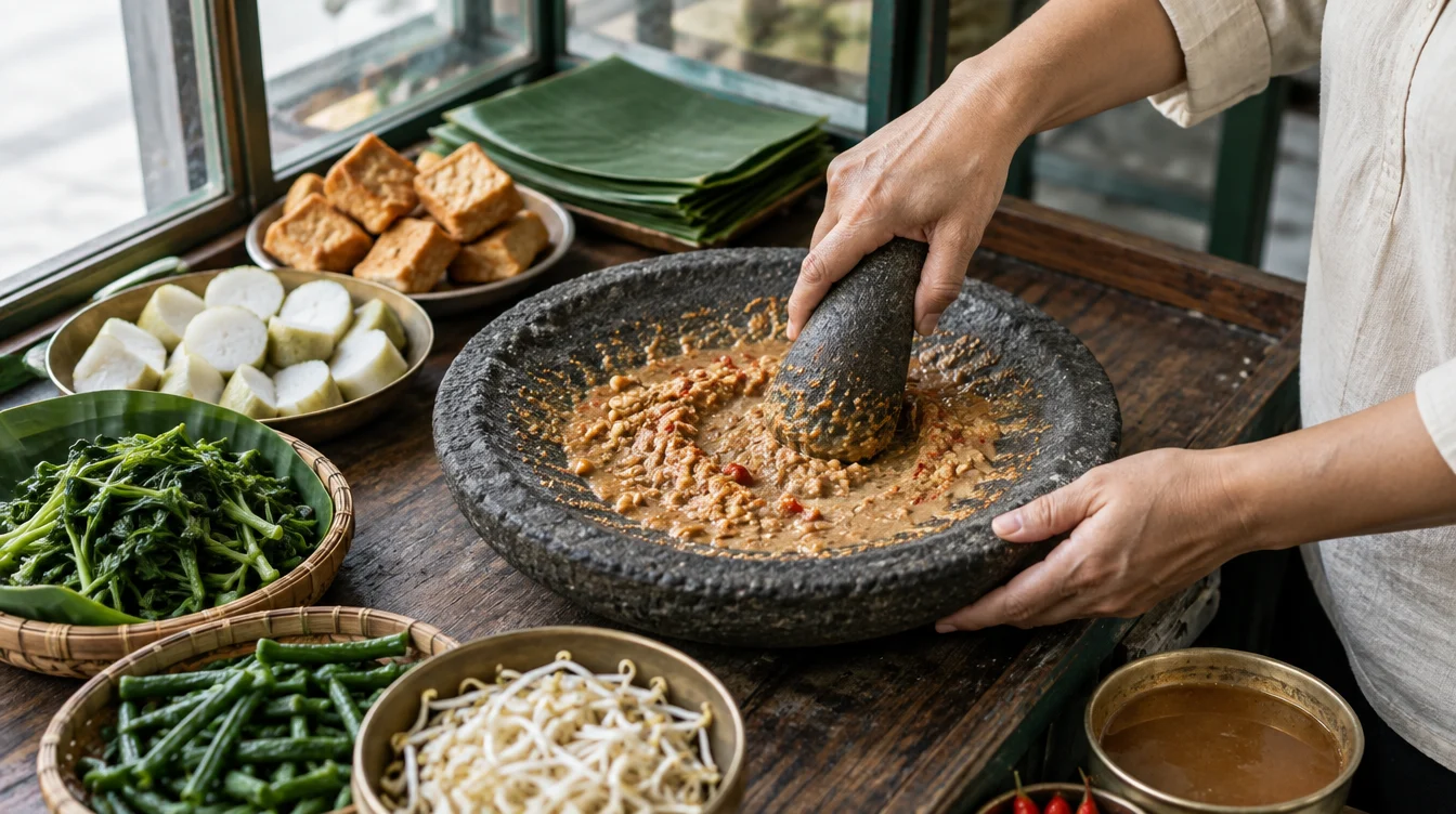 Dua tangan mengulek bumbu kacang di cobek batu besar, dikelilingi kangkung, kacang panjang, tauge, lontong, dan tahu goreng