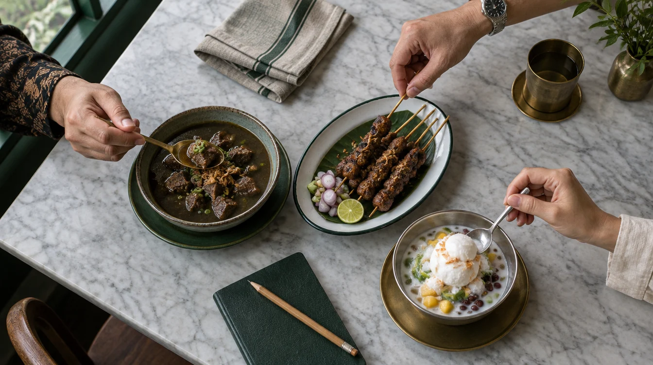 Tiga pasang tangan di meja marmer: satu menyendok rawon, satu mengangkat tusuk sate kambing, satu menyendok es podeng, dengan serbet linen dan buku catatan di antaranya