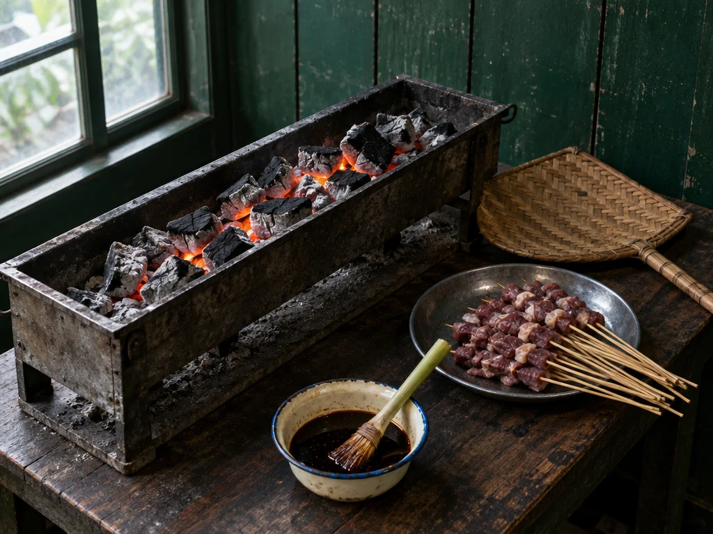 Bak besi berisi arang batok yang baru menyala, kipas anyaman bambu, sepiring sate kambing mentah, dan semangkuk kecap dengan kuas serai di bangku kayu