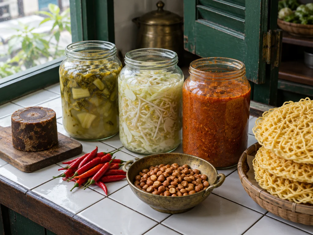 Tiga stoples kaca di meja ubin putih berisi sawi asin, kol dan tauge dalam air cuka, dan bumbu kacang cabai, dengan gula aren, cabai merah, kacang goreng, dan kerupuk mi kuning
