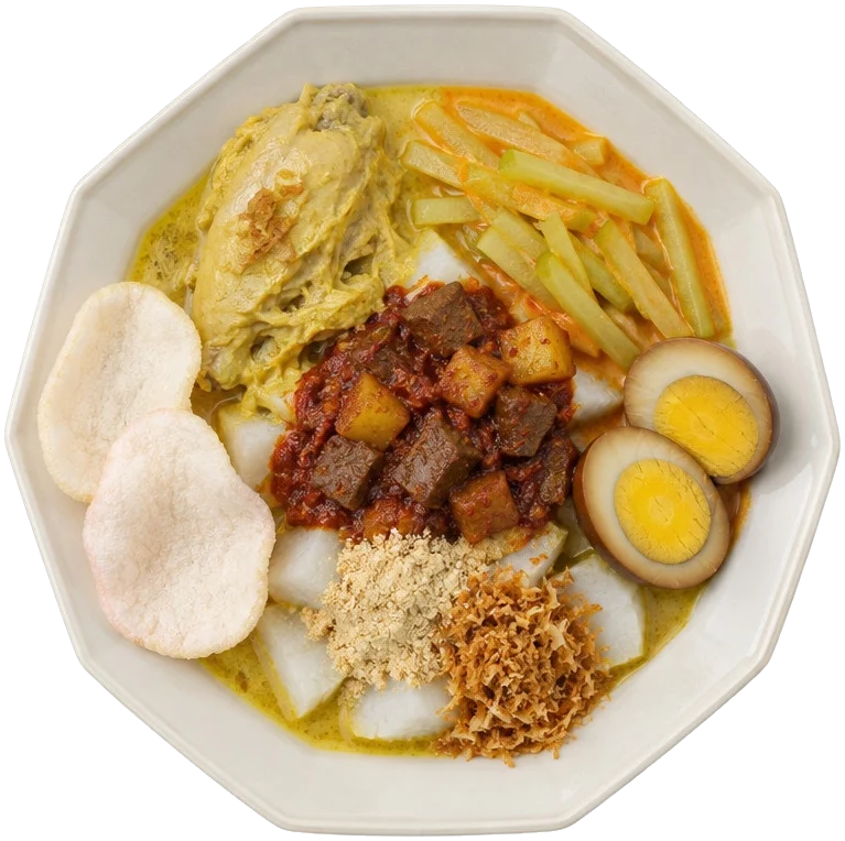Lontong cap go meh tampak atas di piring porselen segi delapan: lontong, opor ayam, sayur labu siam, sambal goreng ati, telur pindang, bubuk kedelai, dan kerupuk
